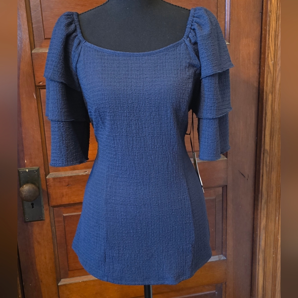 Womens Navy Textured Square-Neck Blouse with Tiered Sleeves